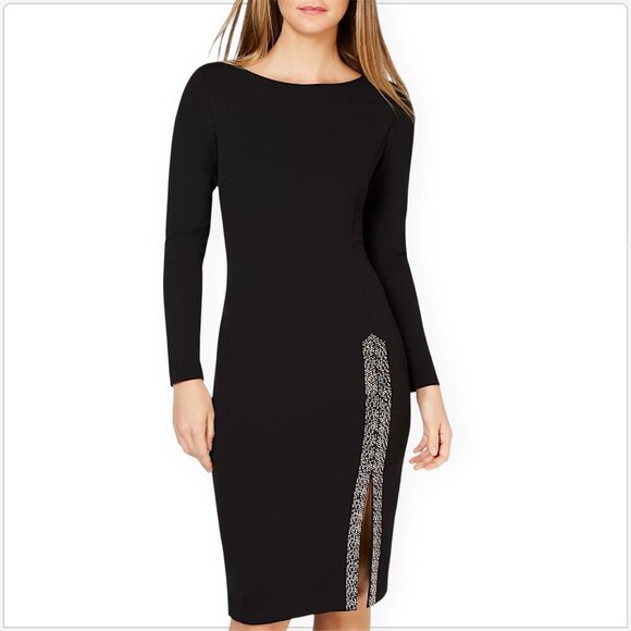 Calvin Klein Black Embellished Slit Rhinestone Long Sleeve Crepe Sheath Dress 4 - Picture 2 of 6